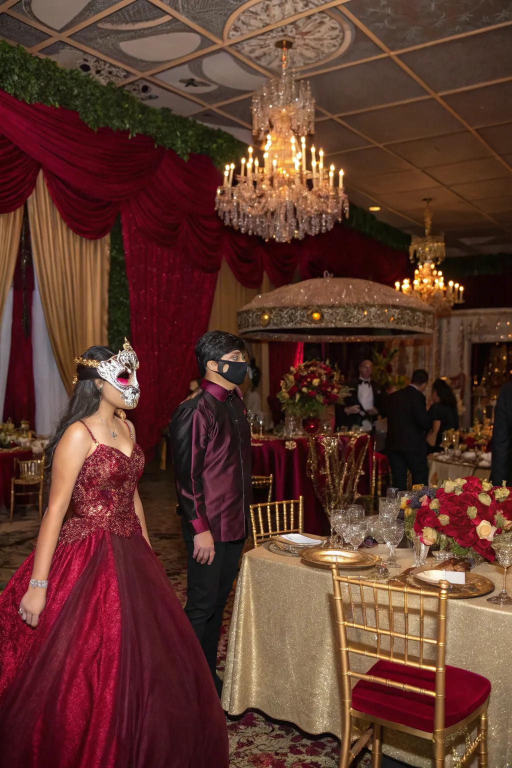 A mysterious masquerade-themed quinceanera with elaborate masks and opulent decor.