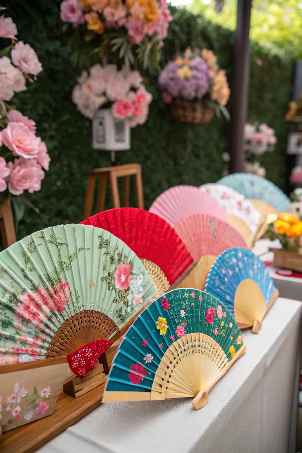 Decorative hand fans: a stylish and useful gift for guests.