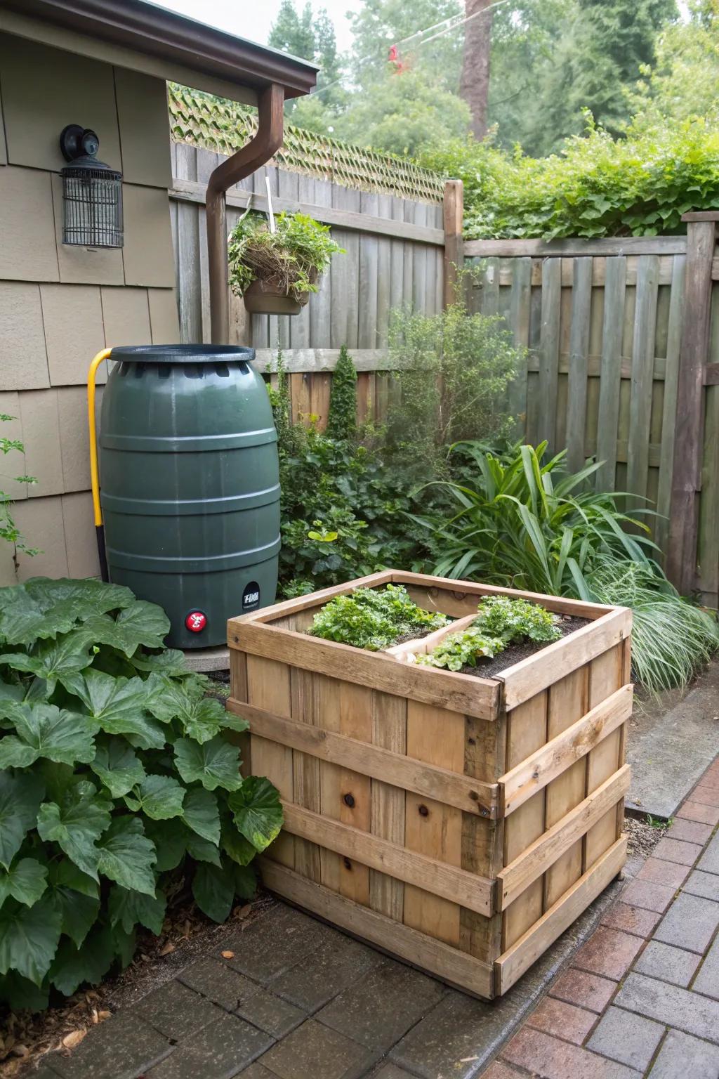 A wooden enclosure can seamlessly integrate your rain barrel into your outdoor decor.