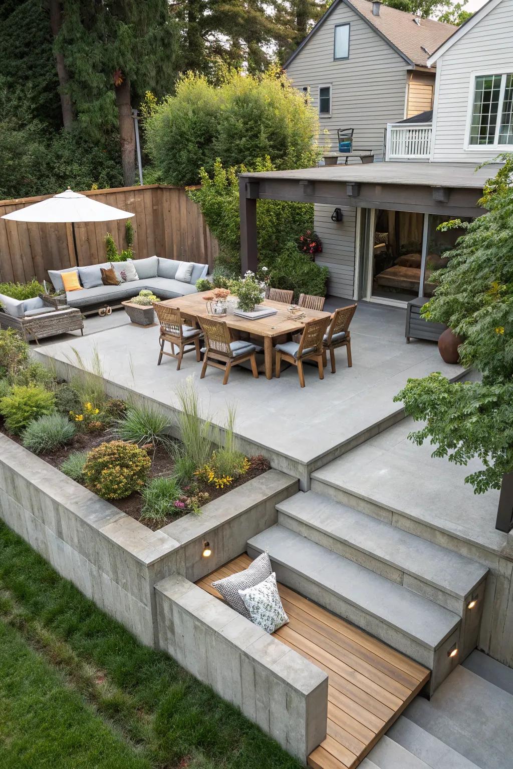 A multi-level raised concrete patio that maximizes space and function.