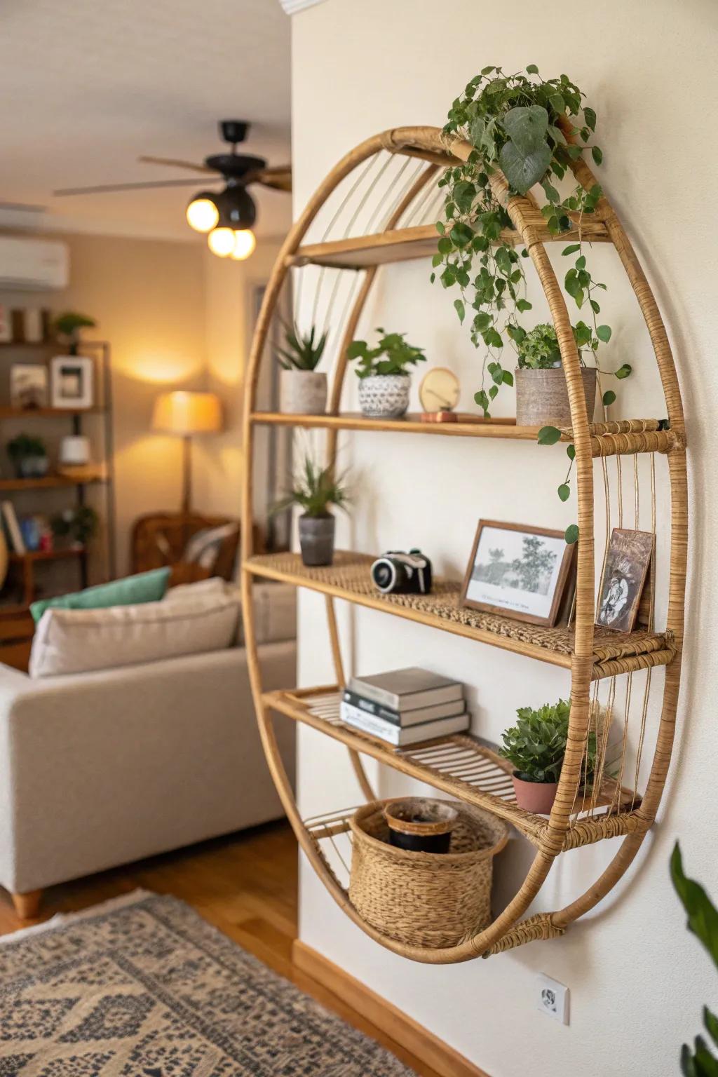 Circular rattan shelves offer a modern touch.