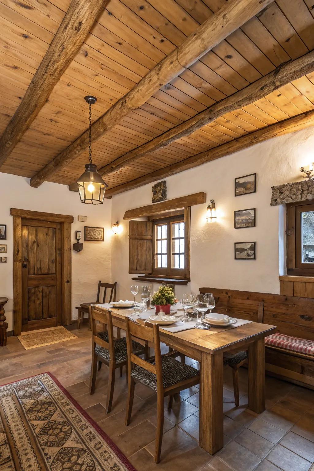 A dining room with a warm, wooden planked recessed ceiling.