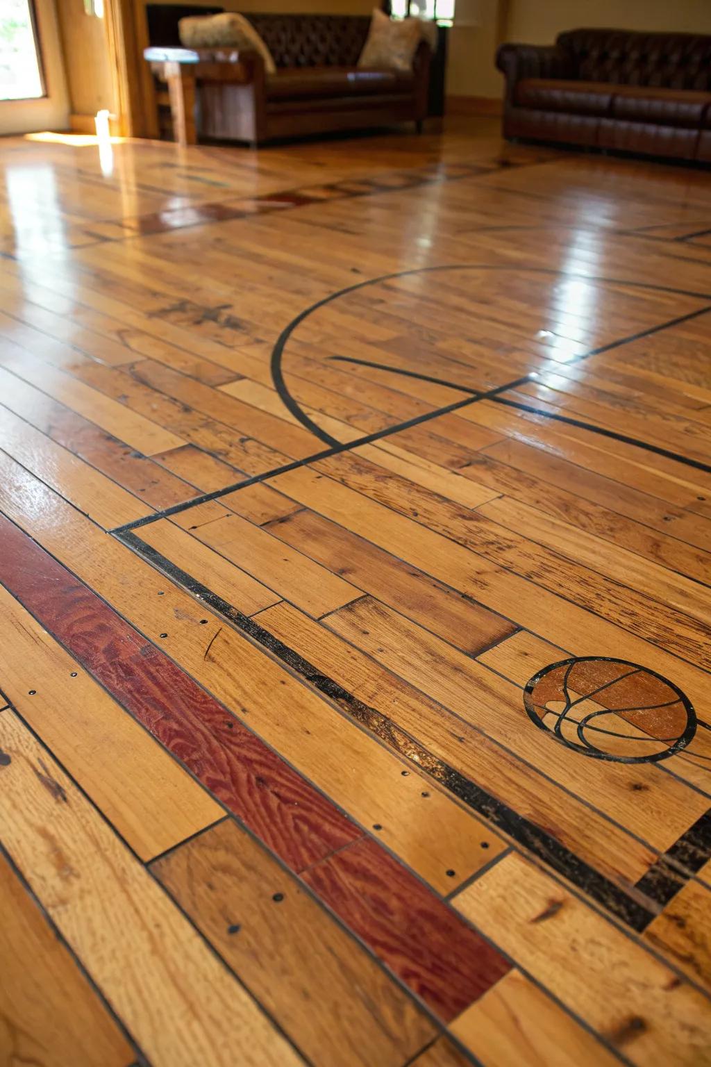 Transform your living space with the timeless charm of reclaimed basketball court flooring.