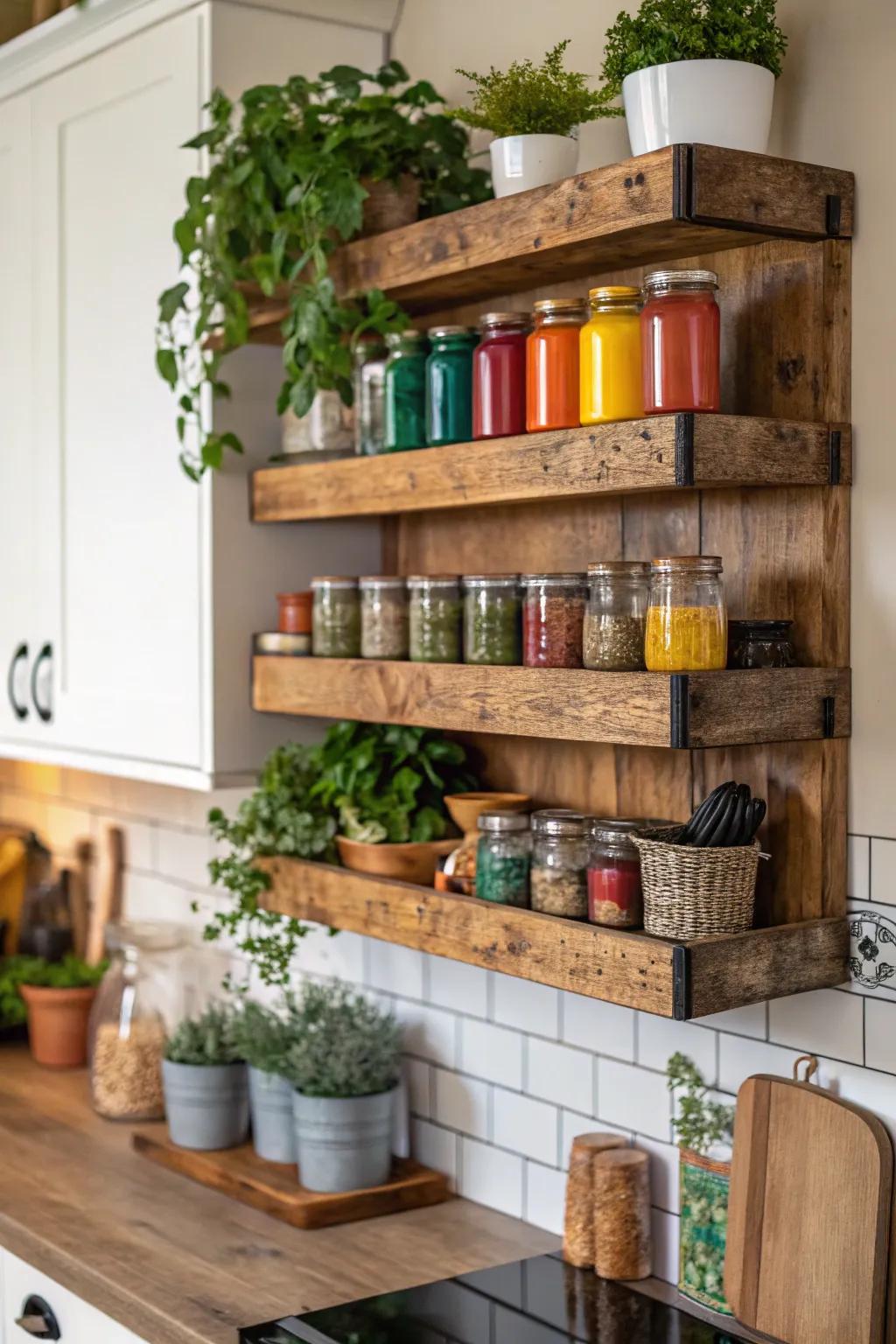 Reclaimed wood shelves bring rustic elegance and functionality.