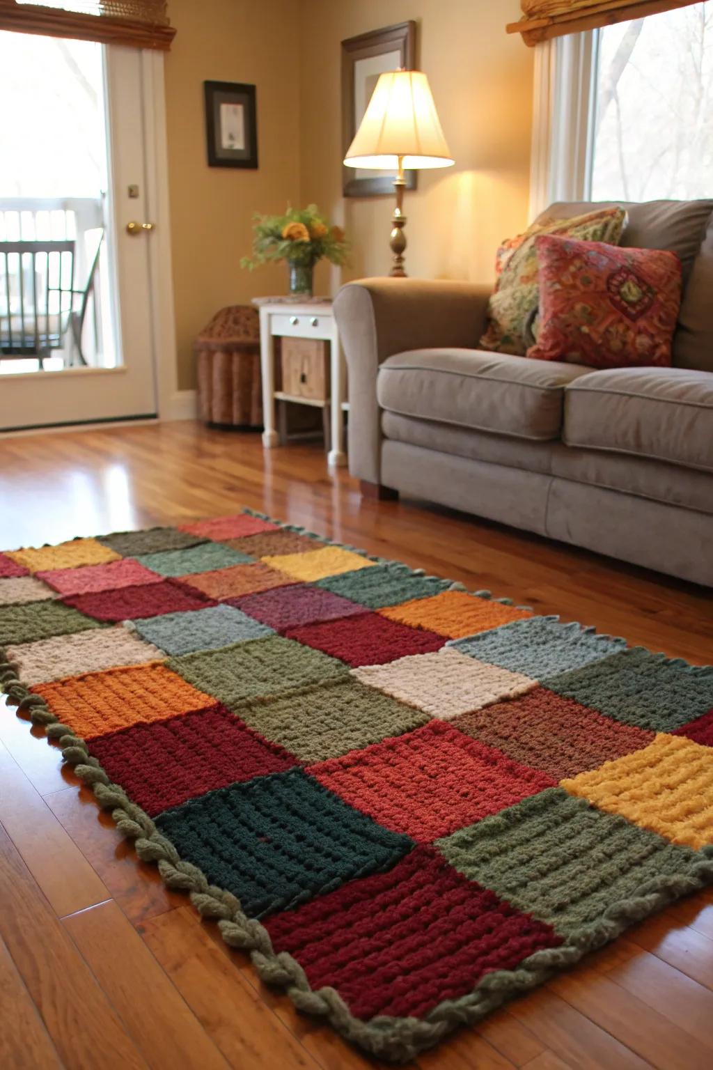 A vibrant rug crafted from recycled sweaters brings unique charm to any space.