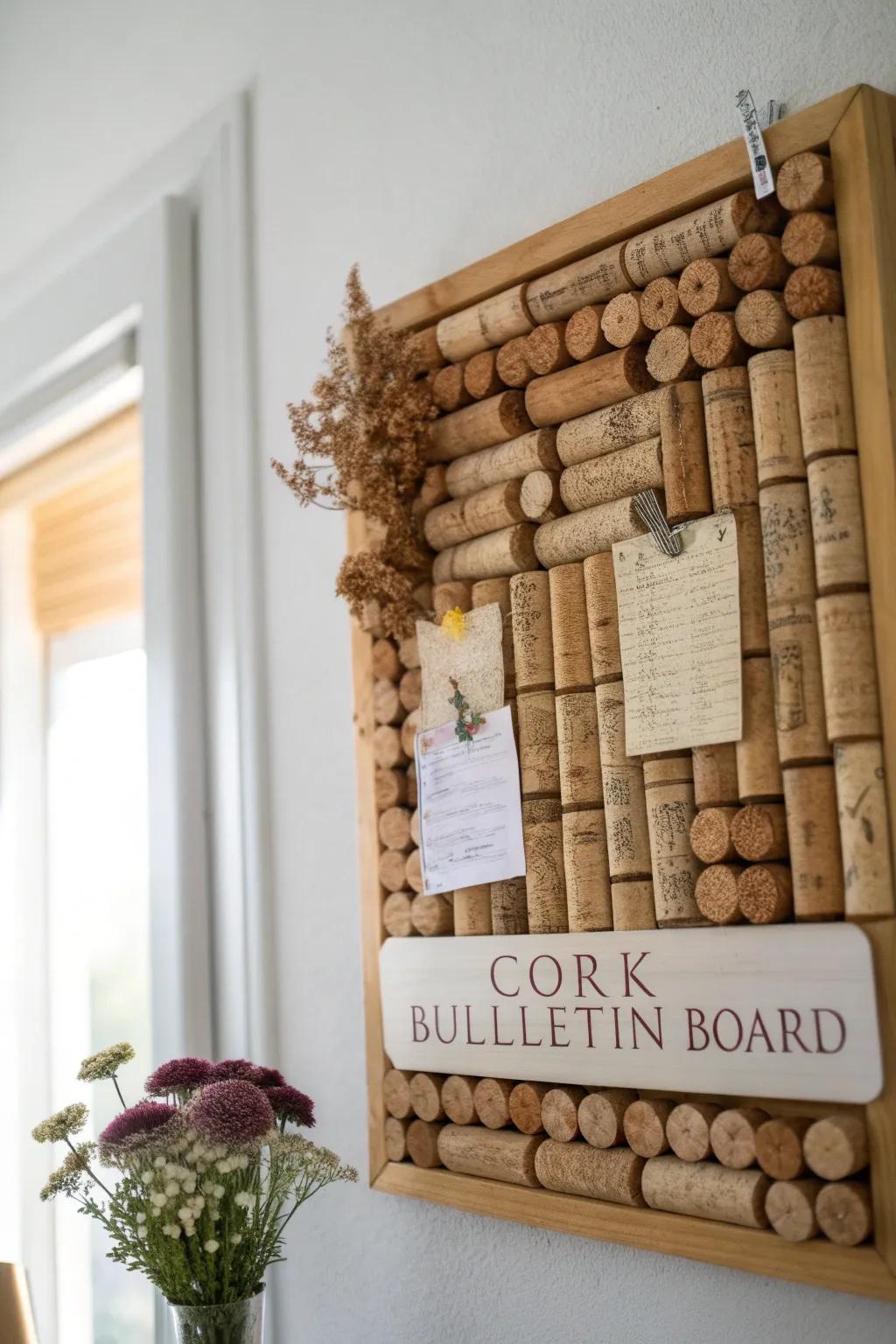 Transform your office space with this charming cork bulletin board, a perfect blend of rustic elegance and practical organization.