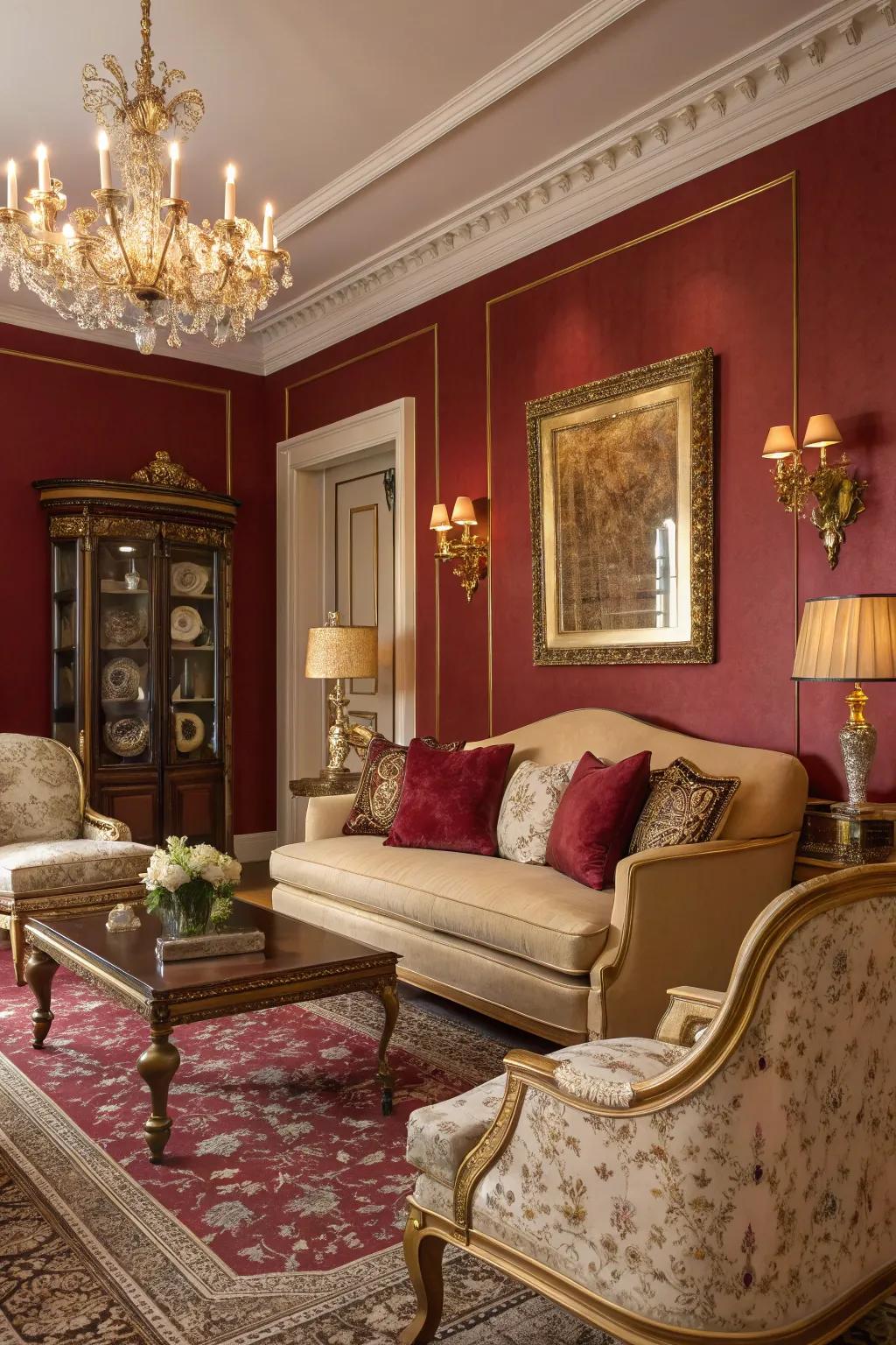 Deep red walls create an opulent atmosphere.