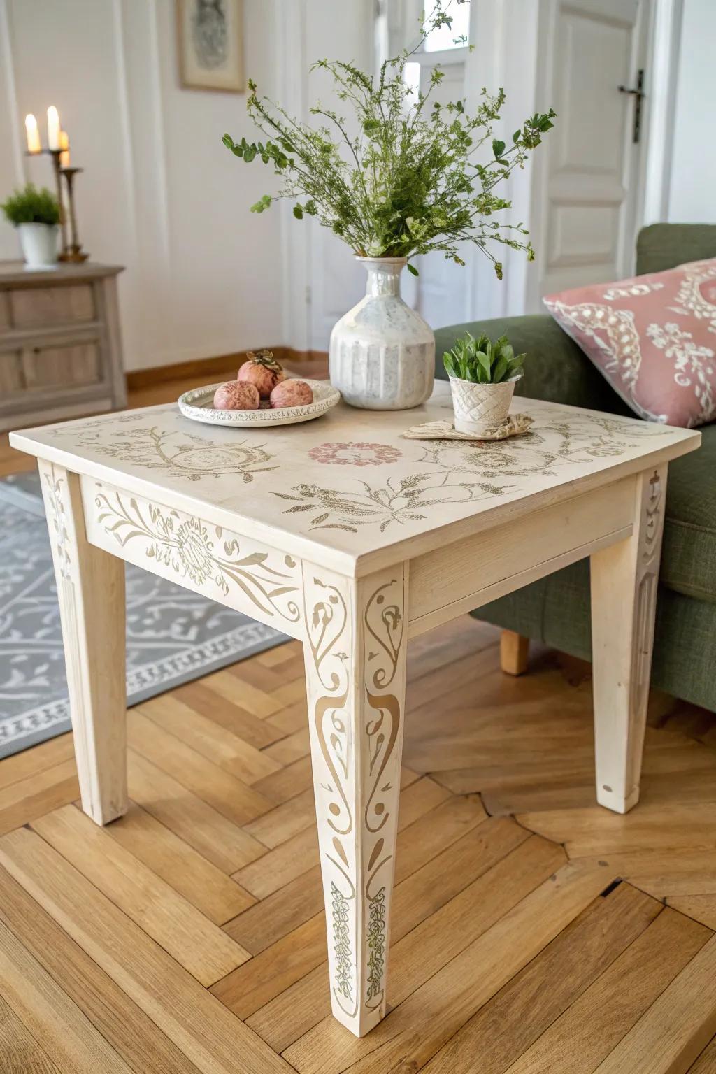 Transform your space with a touch of artistry: stenciled patterns breathe new life into your end table.
