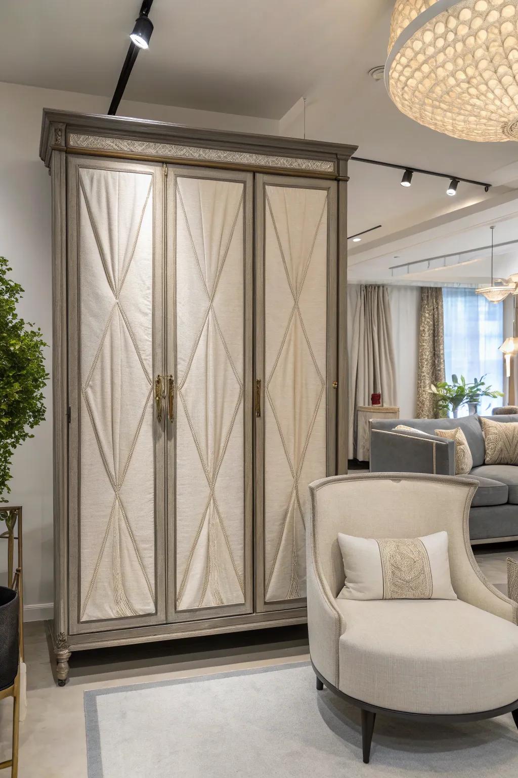 Fabric panels add a touch of elegance and customization to an armoire.