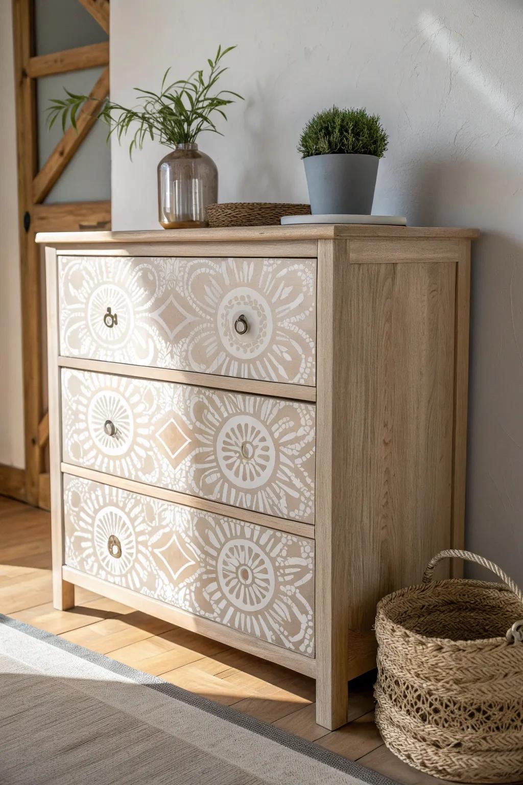 Transform your dresser into a masterpiece with subtle, stenciled patterns that embody Scandinavian simplicity and boho charm.