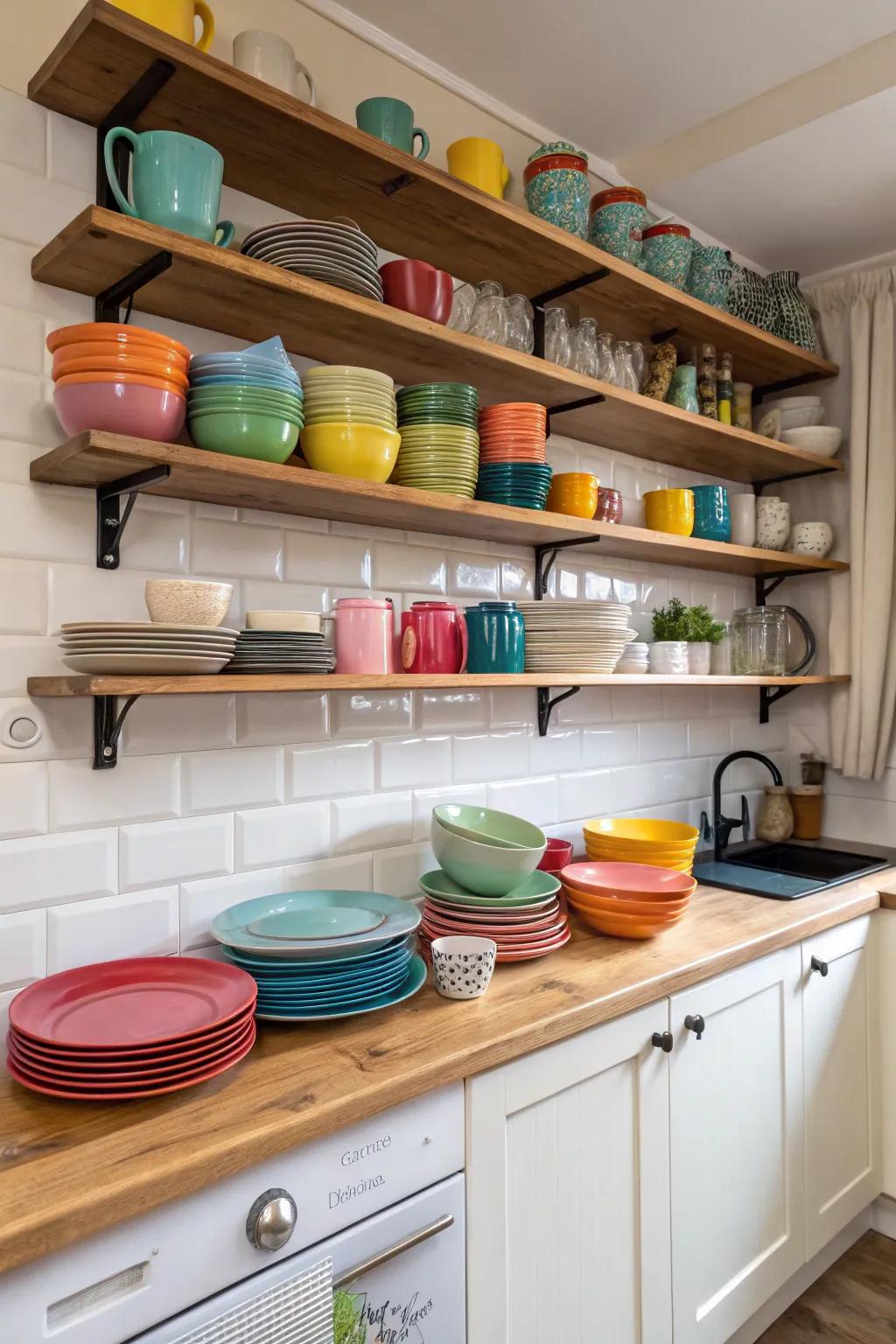 Open shelving creates a modern and airy feel in a rental kitchen.