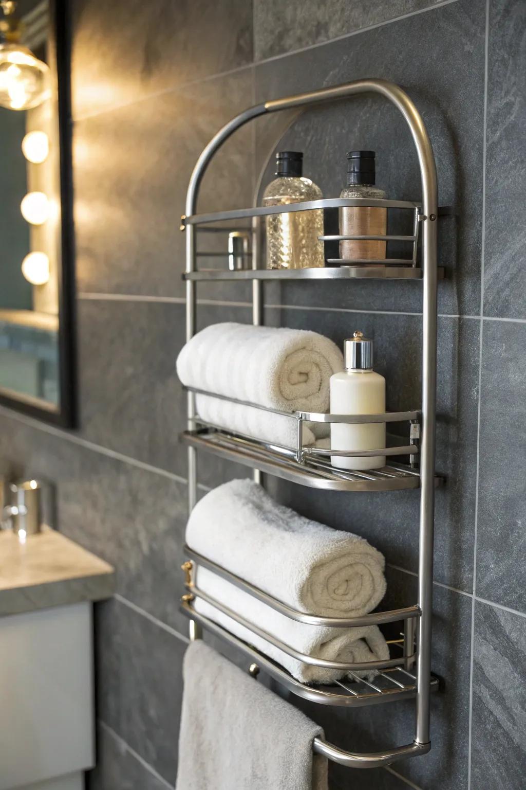 Transform your bathroom with industrial elegance: a repurposed CD rack for stylish storage.