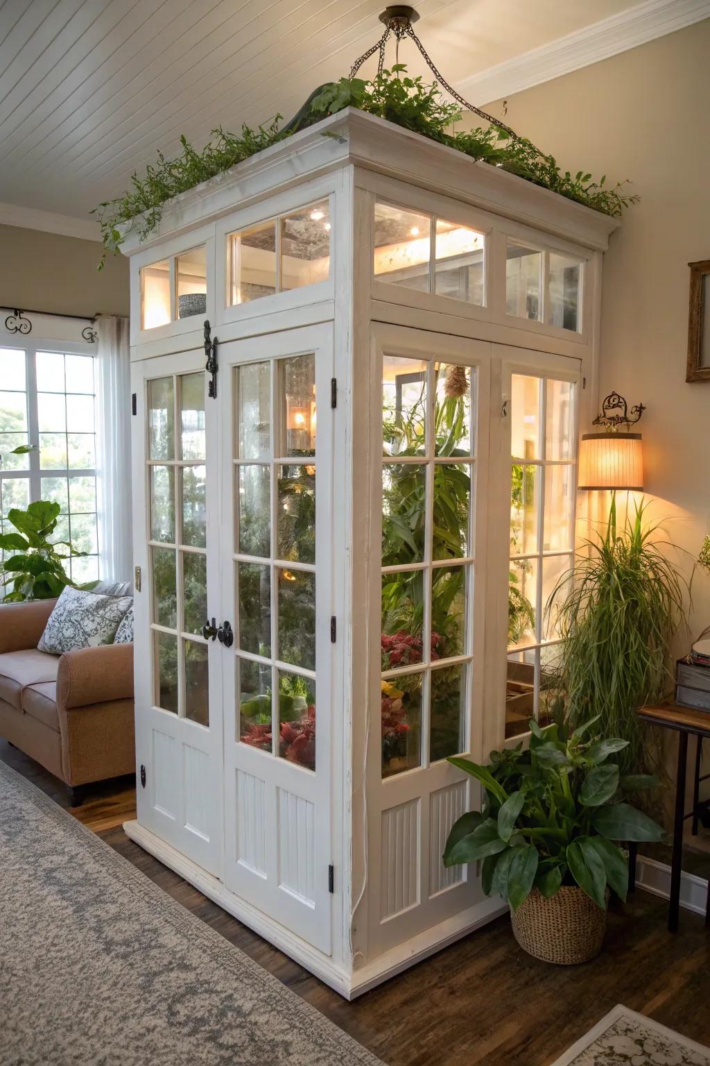 Transform your space with a touch of nature and craftsmanship: French doors turned indoor greenhouse.