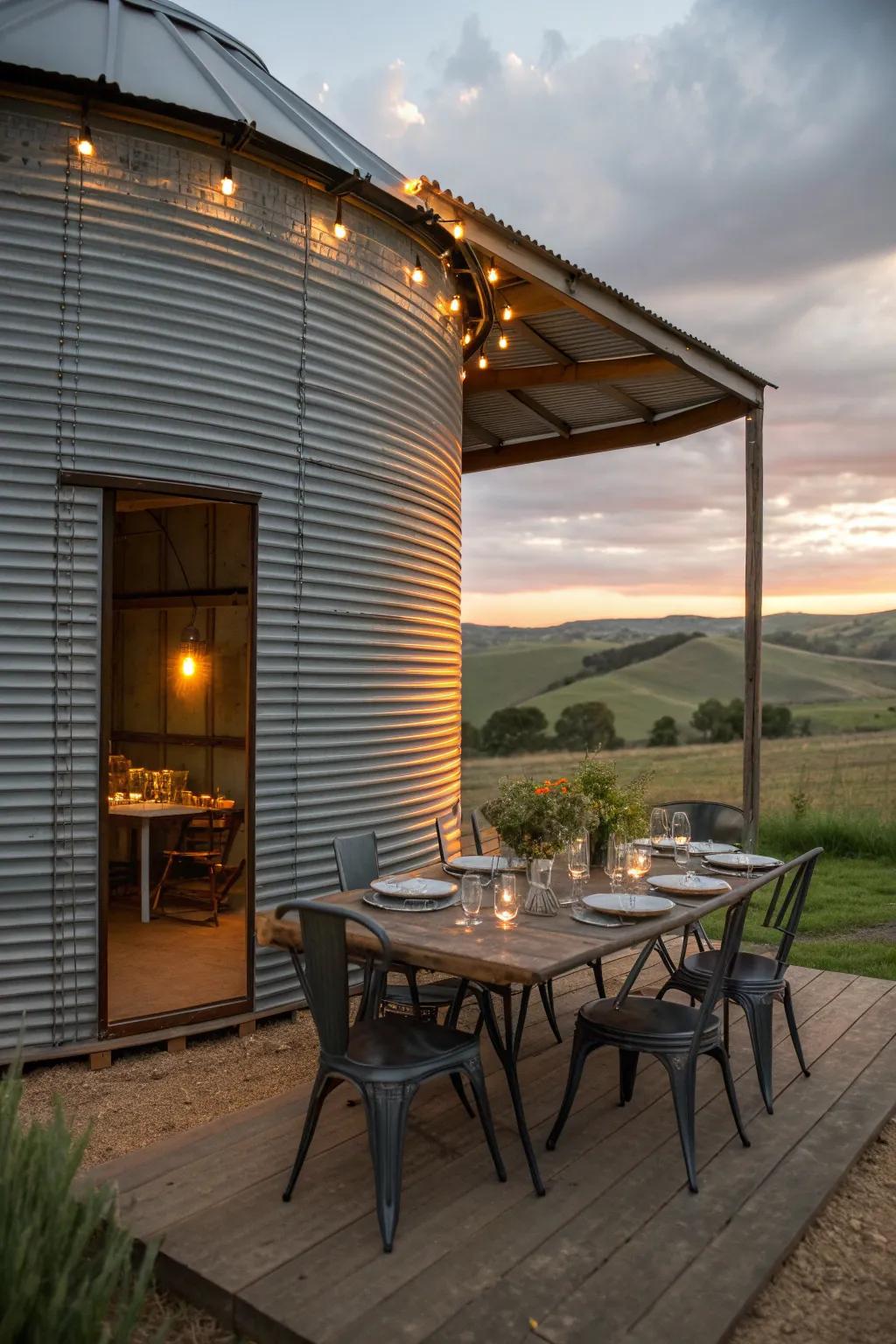 Dine in style: Experience the charm of outdoor meals in a beautifully crafted grain bin gazebo.