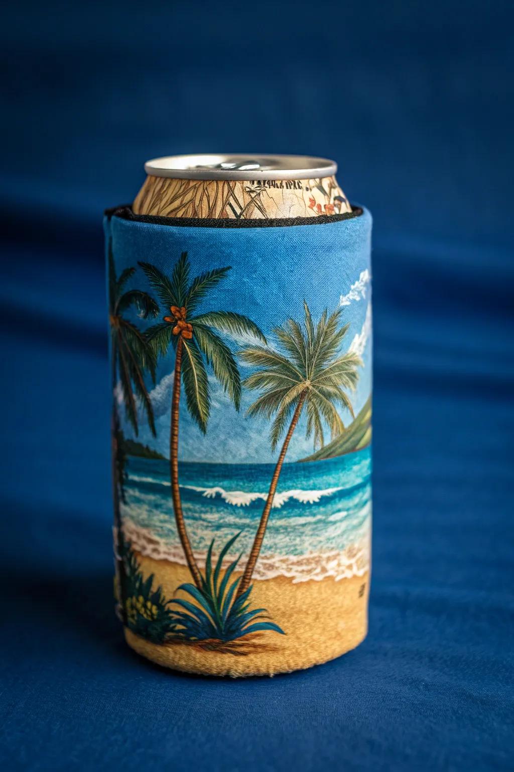 Escape to paradise with every sip: The perfect koozie for your tropical retreat.