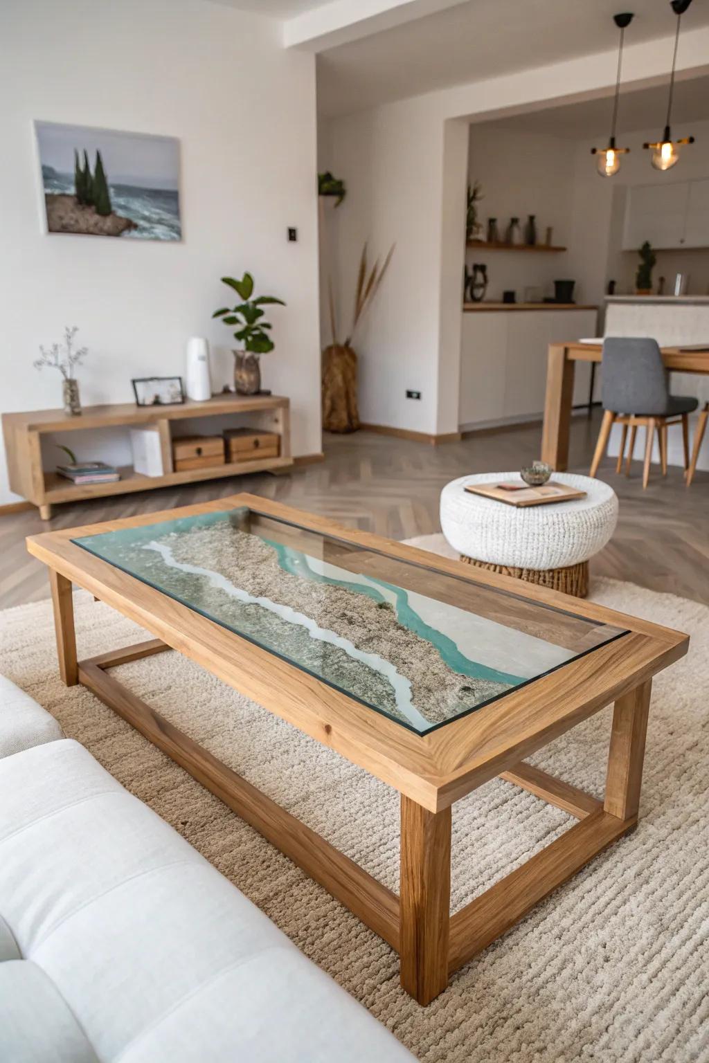 Achieve a sleek look with glass insert river tables.