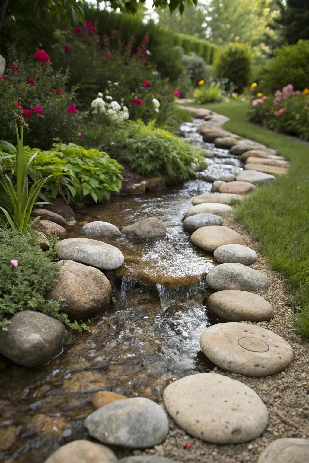 River rocks artfully mimic the flow of water in a garden.