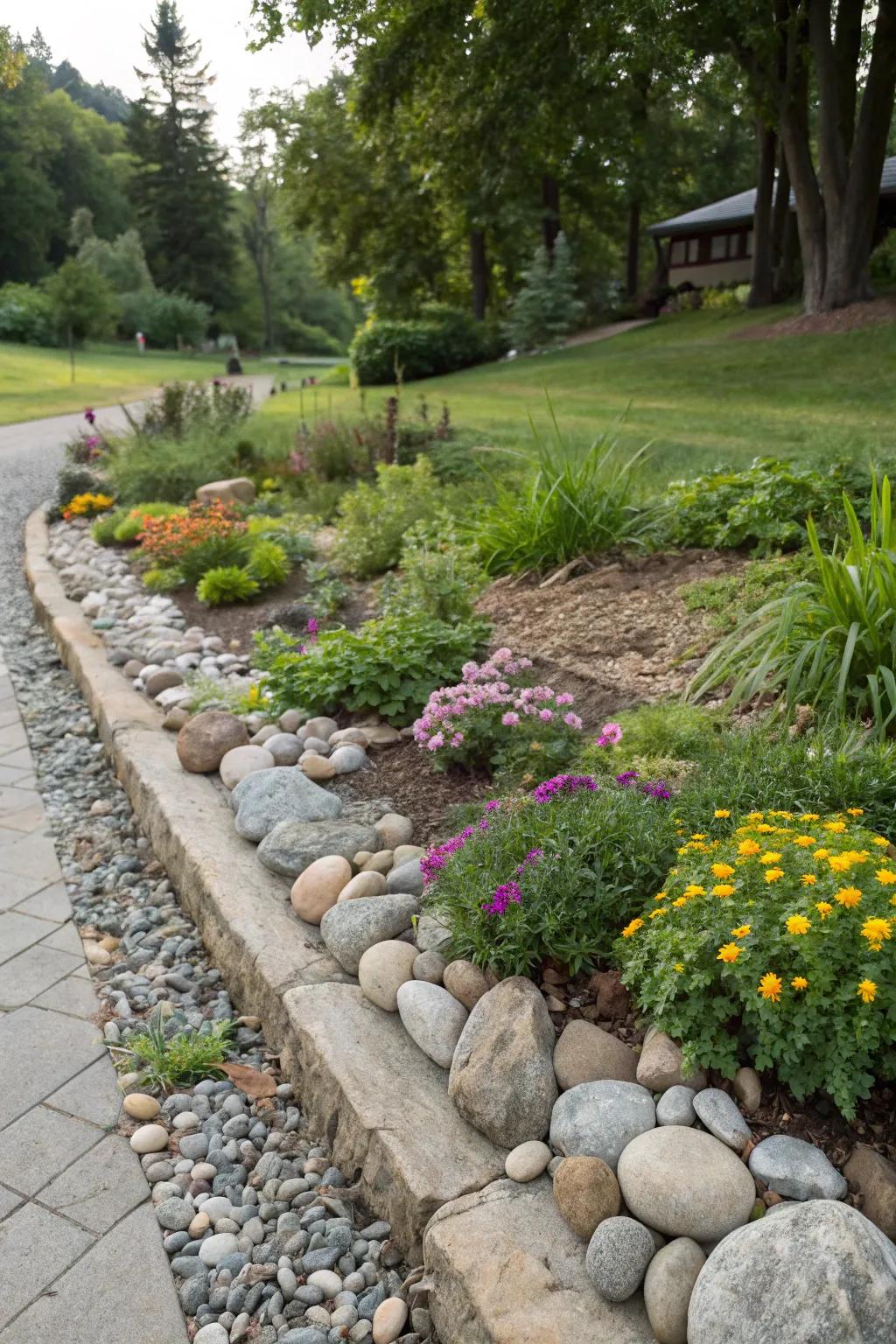 River rocks create elegant borders that define and enrich garden areas.