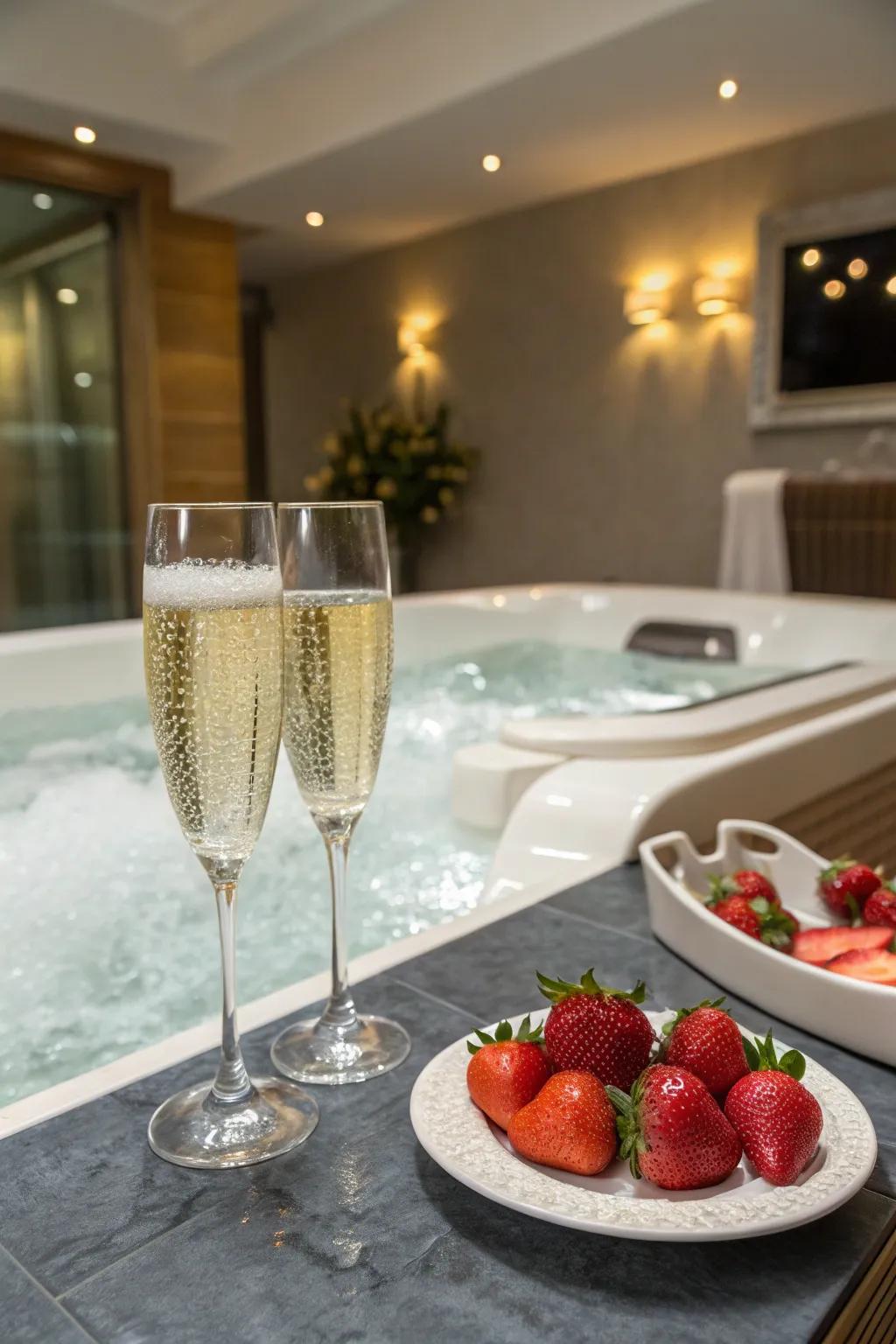 Champagne and strawberries add a luxurious touch to your soak.