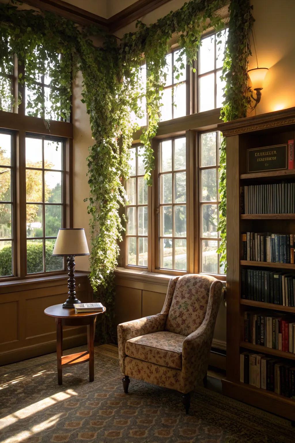 Windows framed with lush artificial vines.