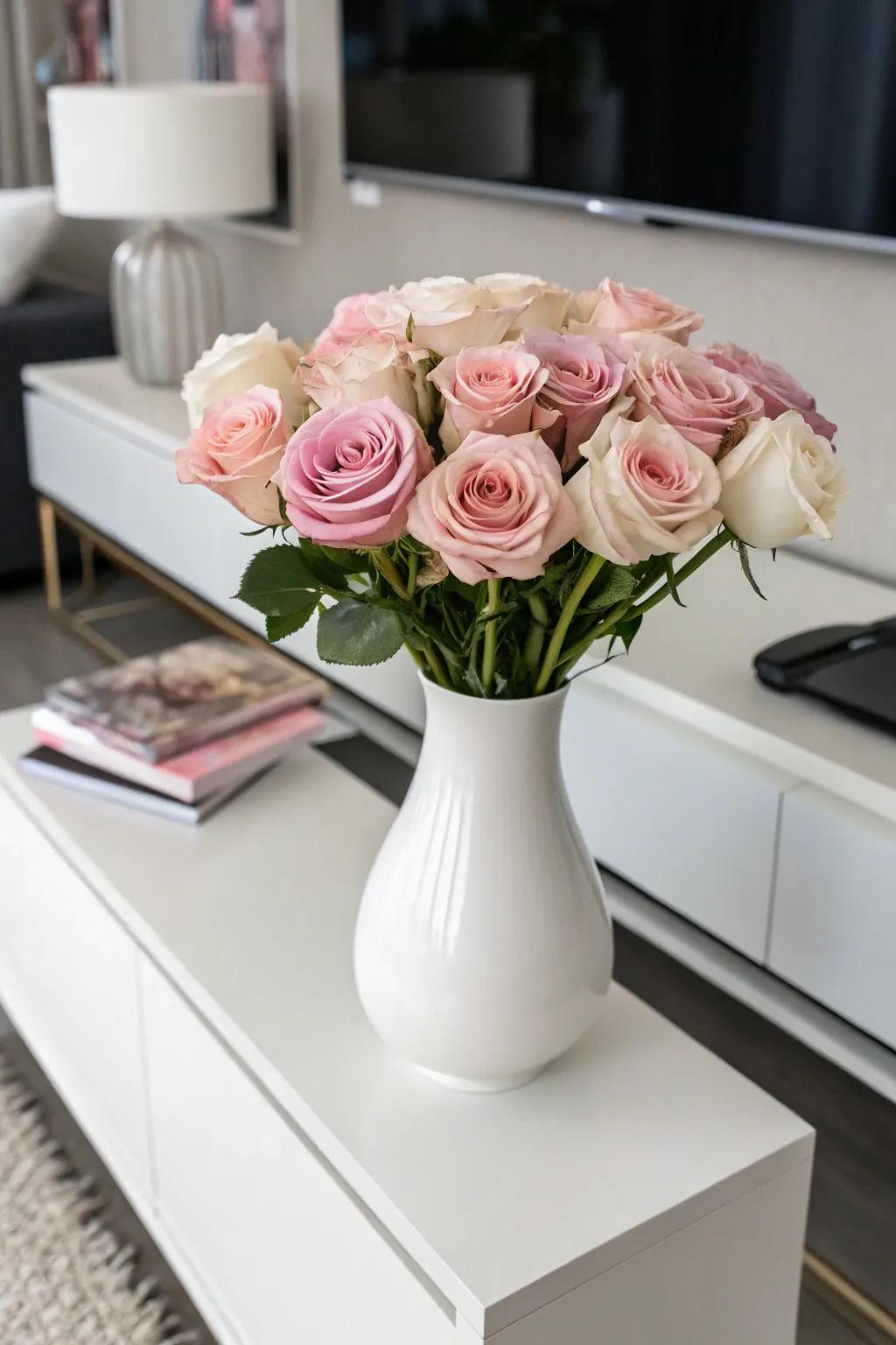 Monochromatic roses deliver a chic and modern aesthetic.