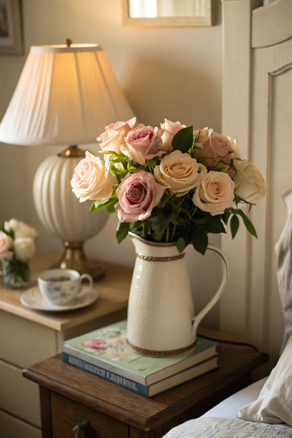 Pastel roses in a vintage pitcher add a touch of romance.