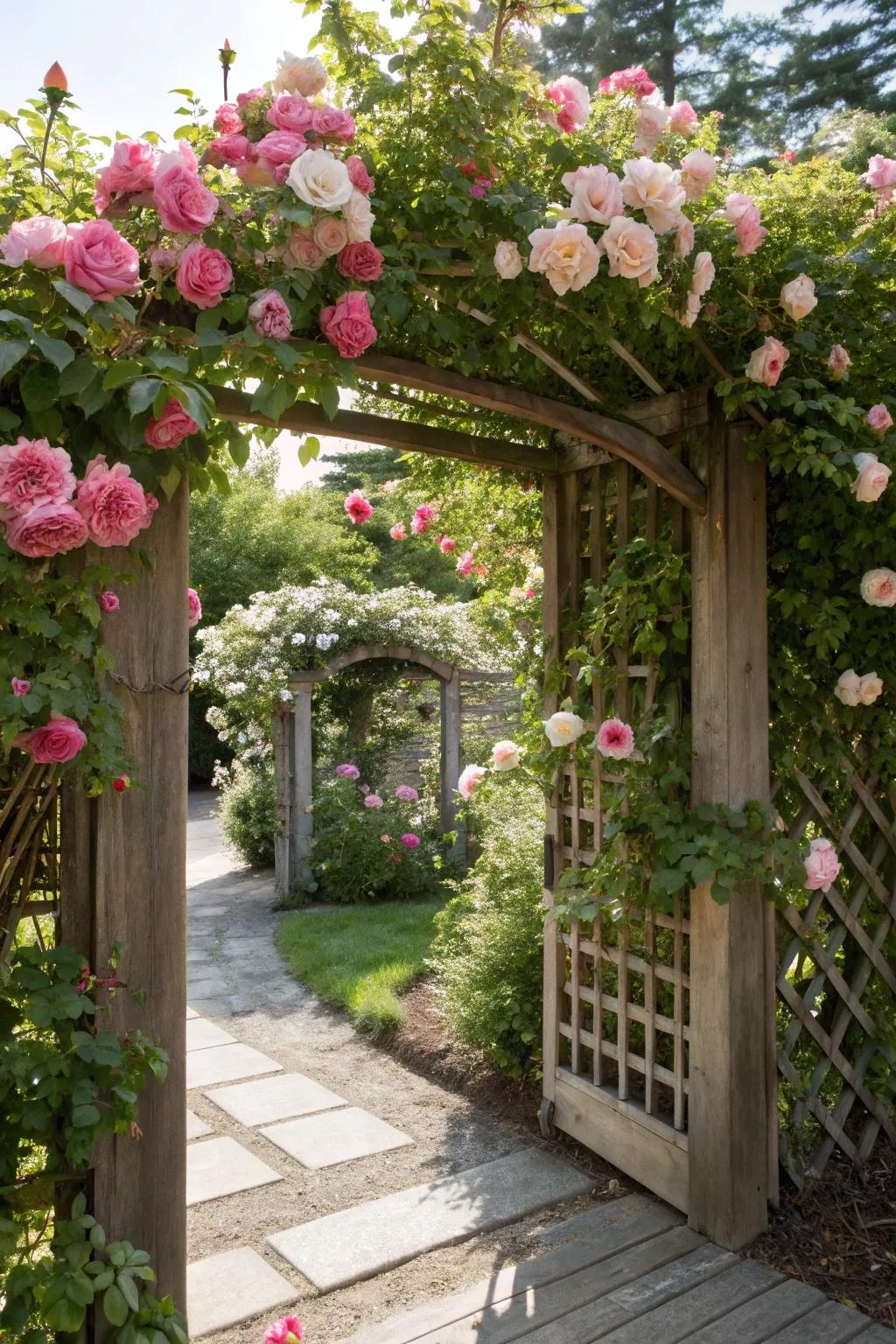 A romantic rose-covered arbor, perfect for garden entrances.