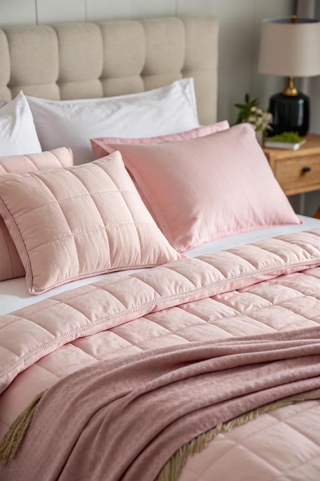 Blush pink bedding for a cozy, inviting bed.