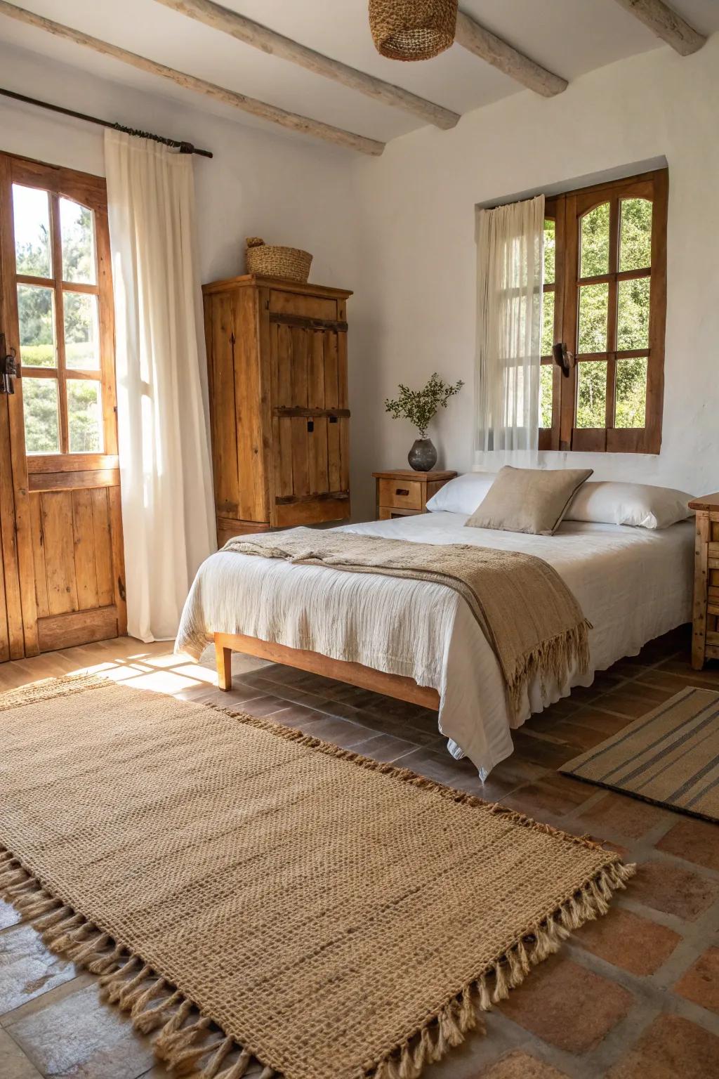 A jute rug adds an earthy and natural touch to a serene bedroom setting.