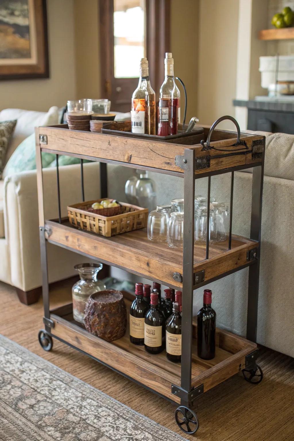 A rustic bar cart, blending mobility with timeless style.