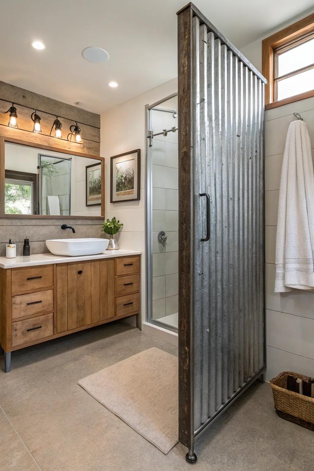 A modern bathroom with a corrugated metal shower enclosure that combines rustic and contemporary styles.