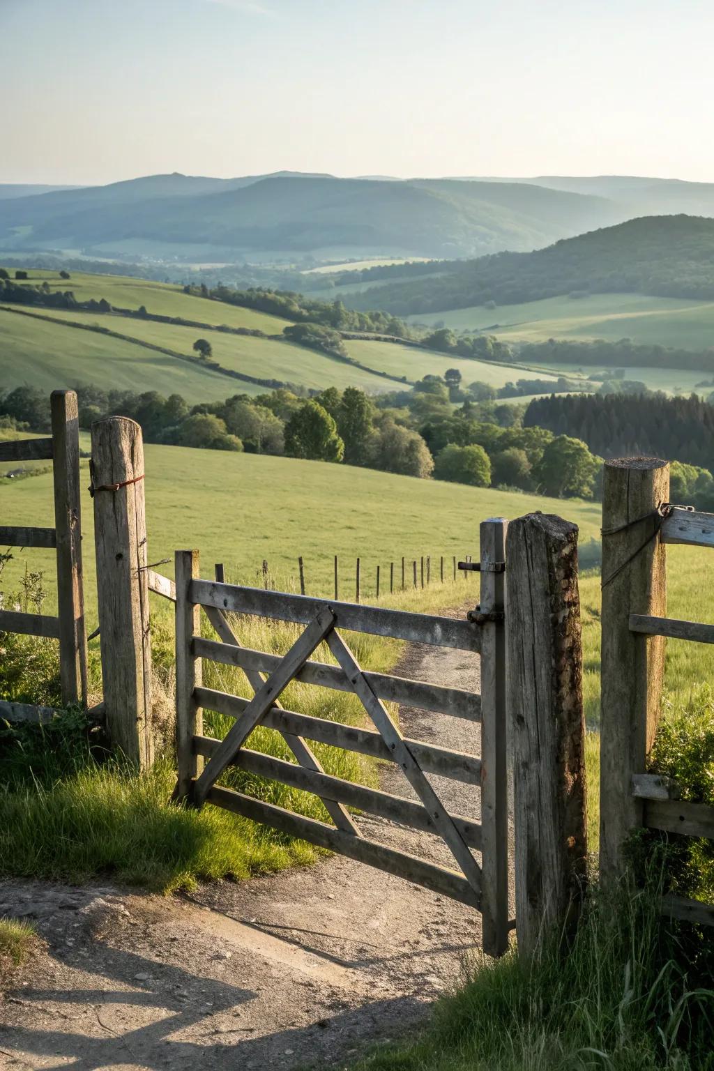 A split rail gate blends effortlessly with the pastoral landscape.