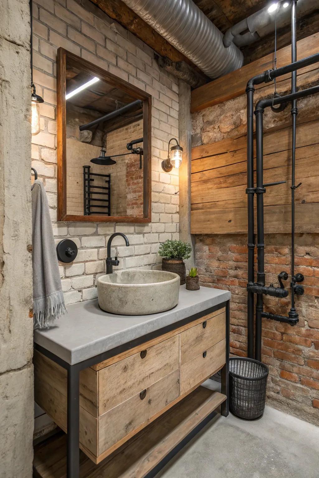 Metal fixtures provide both function and style in a rustic industrial bathroom.