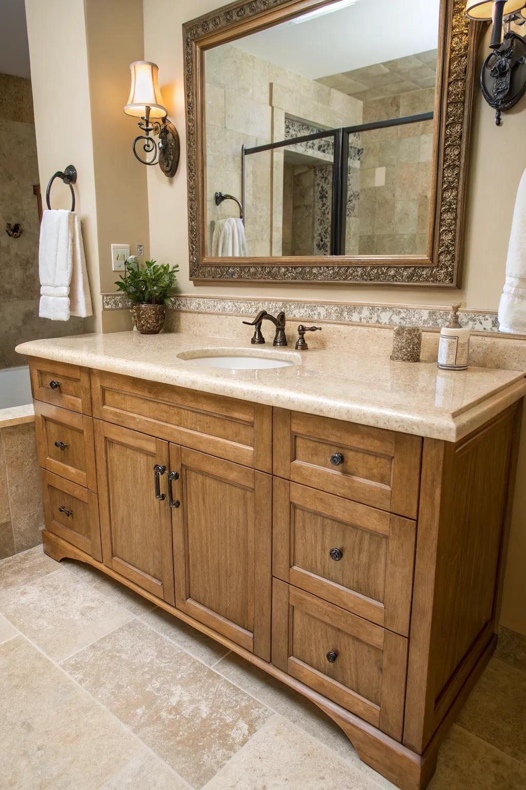 A travertine vanity top adds both charm and durability to your bathroom.