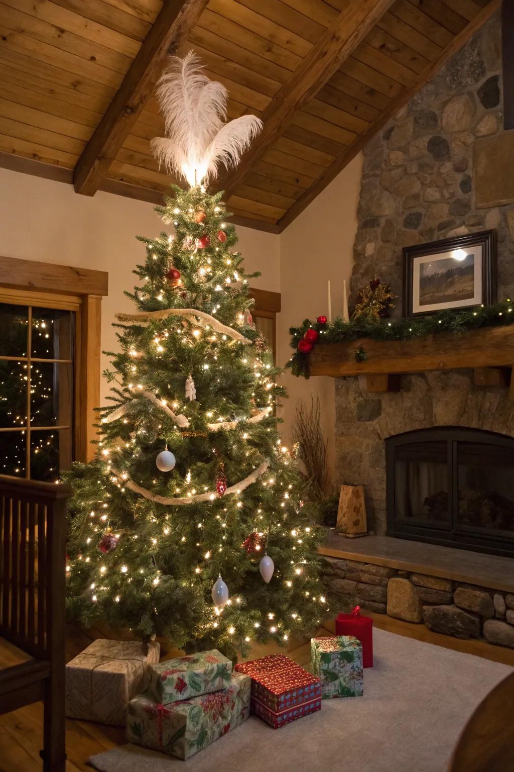 Feathers add elegance and texture to this rustic-themed Christmas tree.