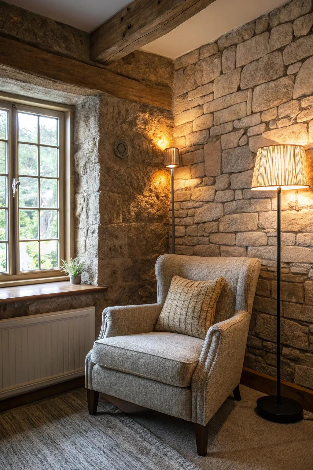 Stone effect wallpaper brings a natural, cozy feel to your home.