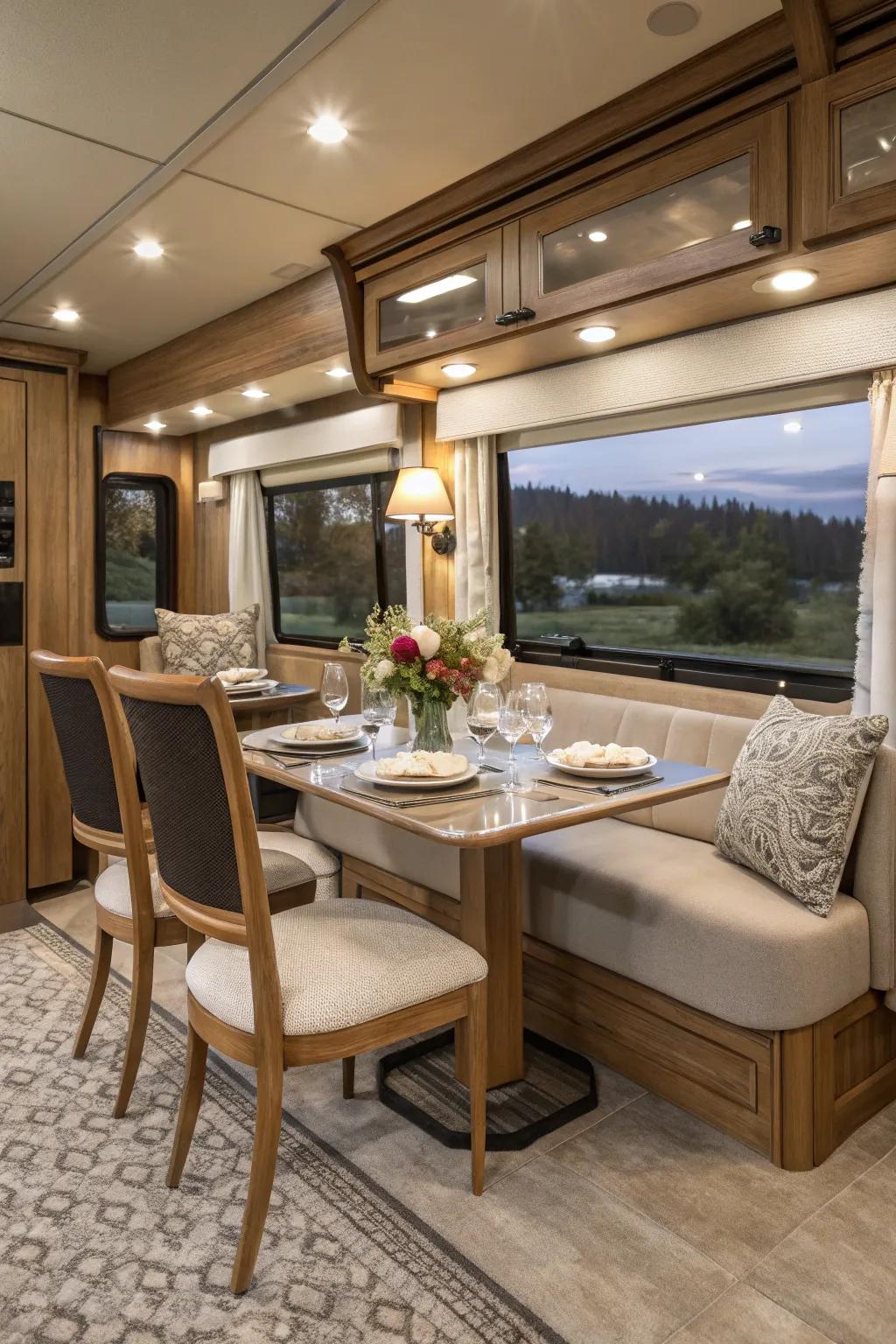 A freestanding dinette brings a touch of modernity and flexibility to your RV dining space.