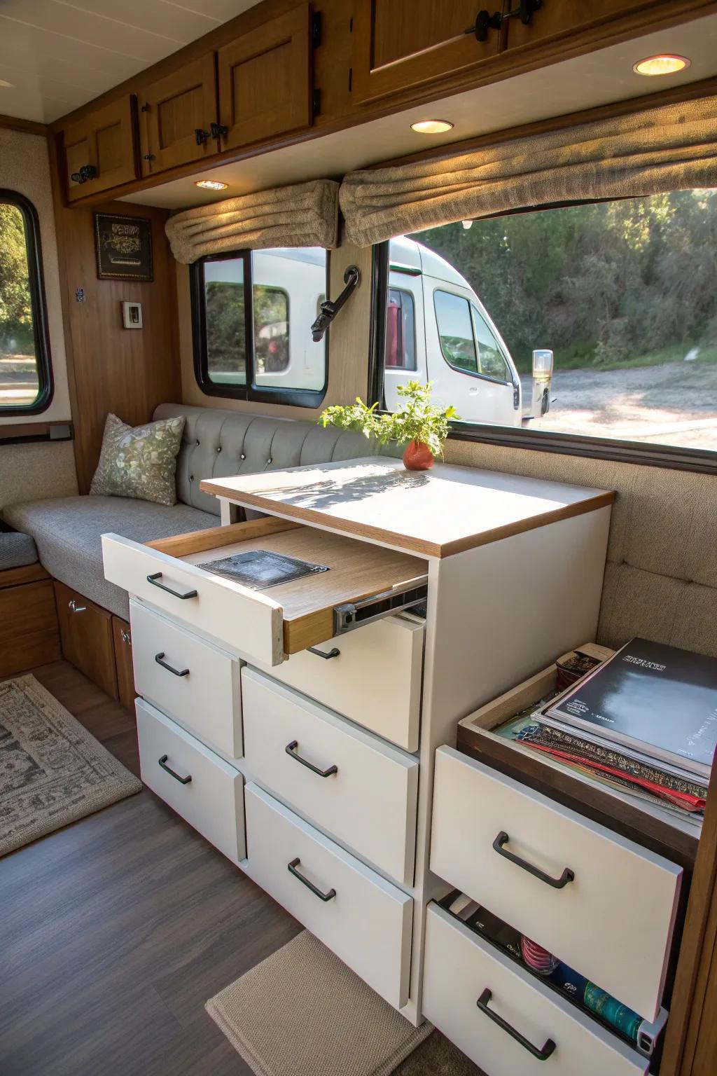 A dresser can double as a chic desk in your RV.