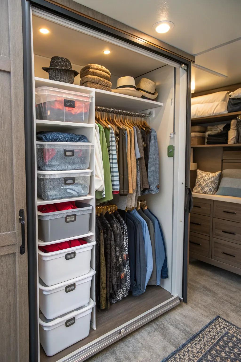 Stackable bins maximize closet space efficiently.