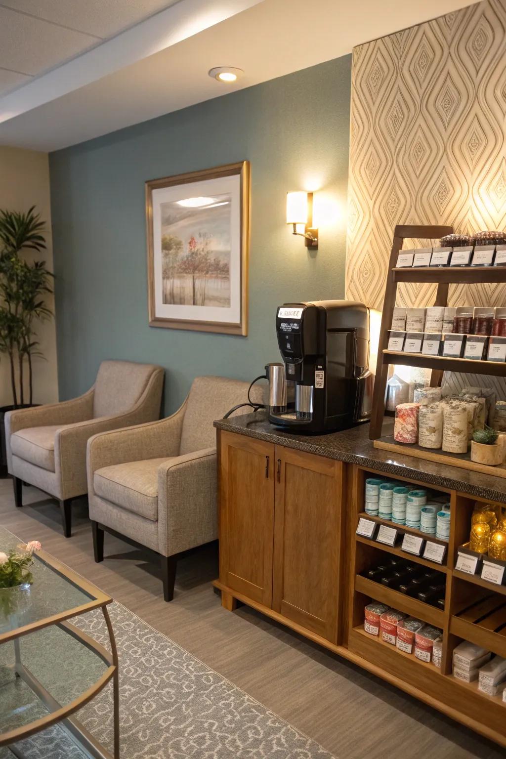 A coffee corner offers a comforting start to clients' salon visits.