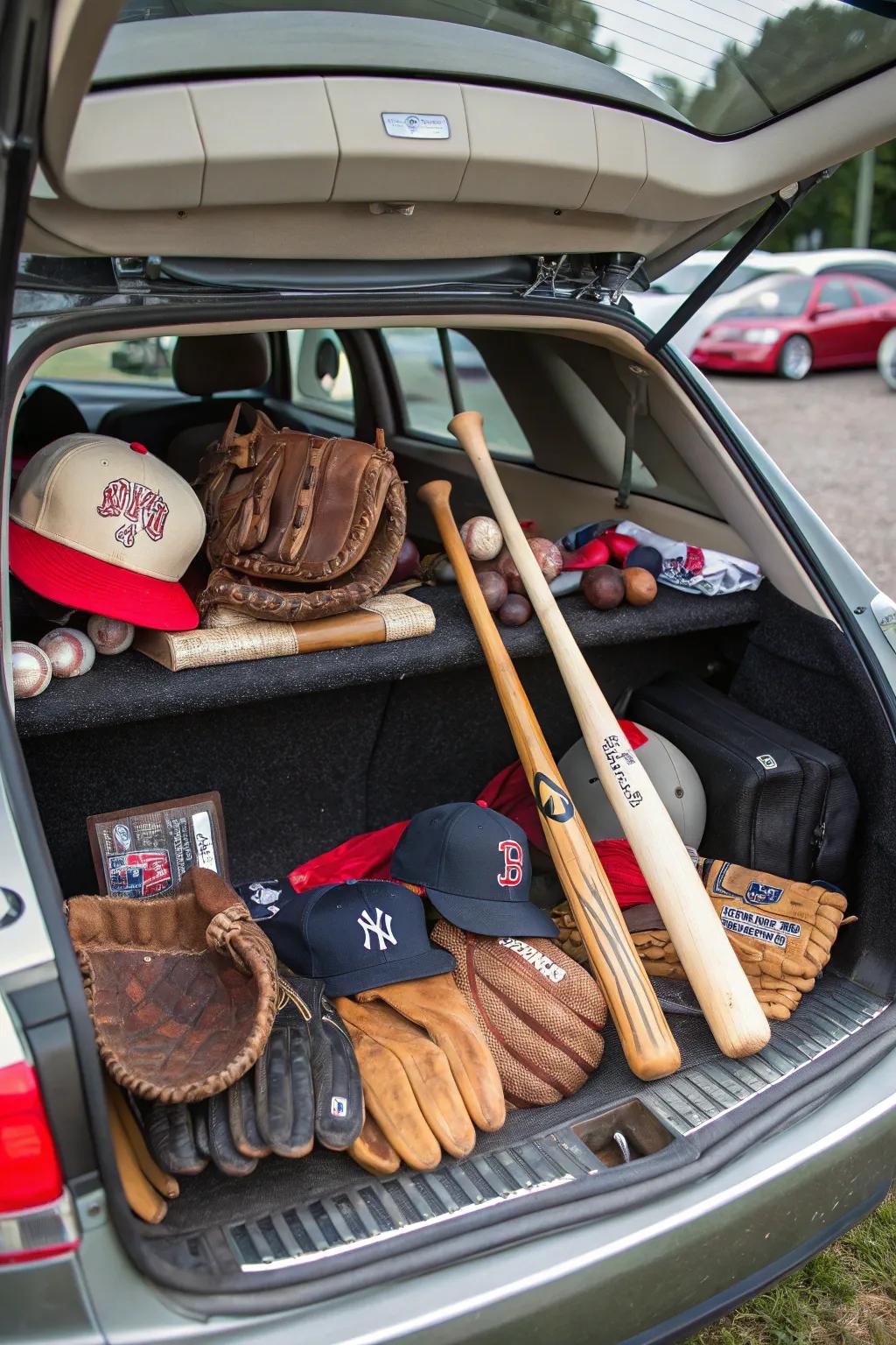 Vintage baseball gear brings an authentic touch to your trunk display.