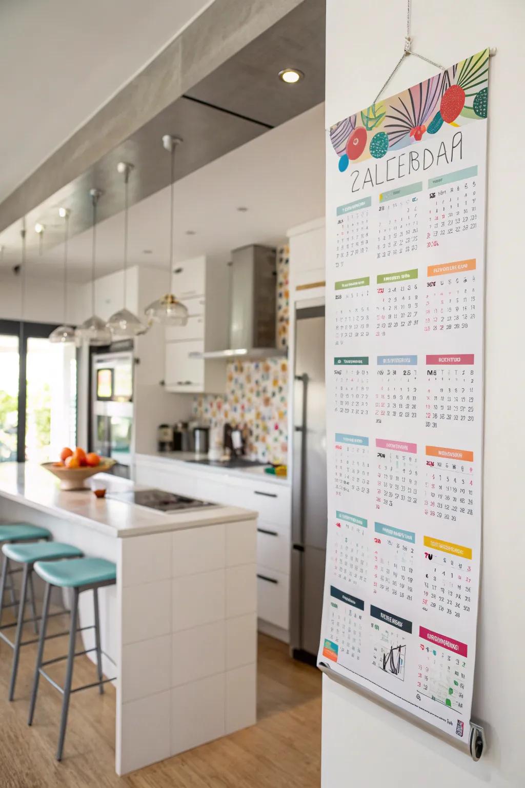 A vertical wall calendar that integrates function with style in the kitchen