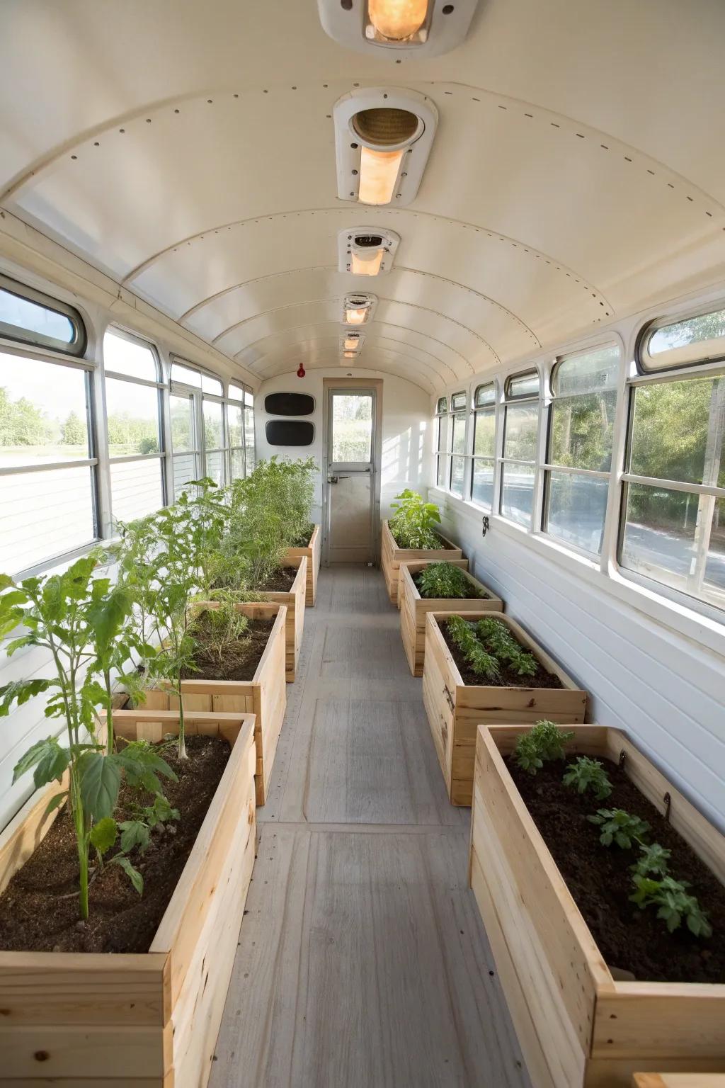Embrace the beauty of growth with floor-level planter beds in your stylish school bus greenhouse.