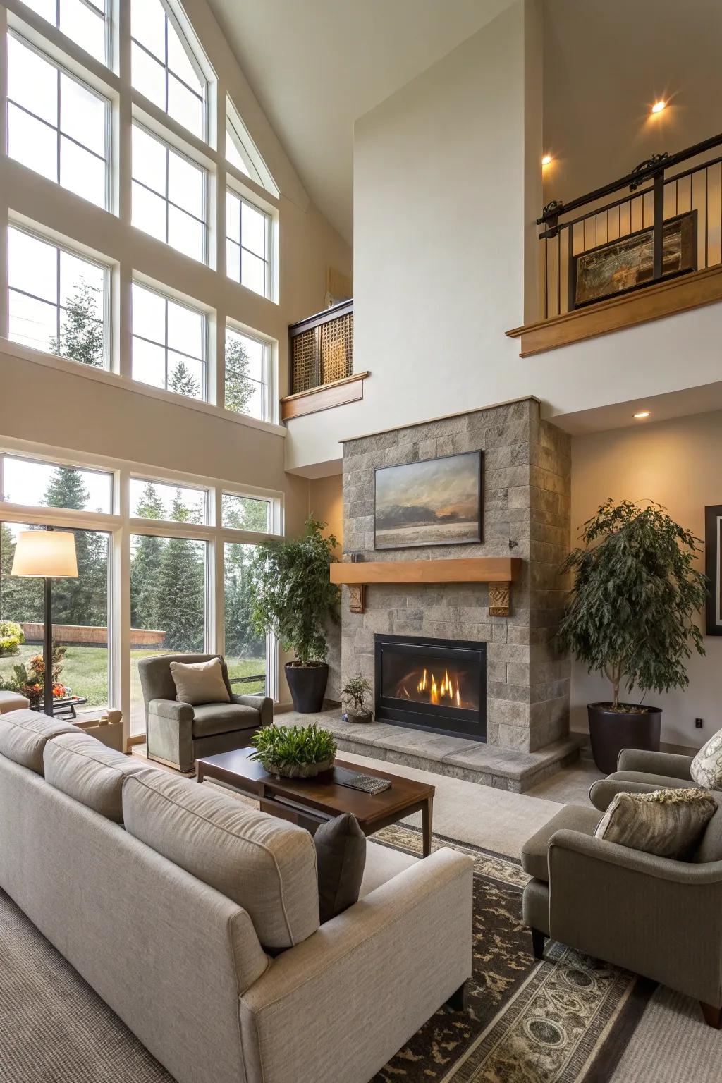 A cozy fireplace serves as a warm gathering spot.