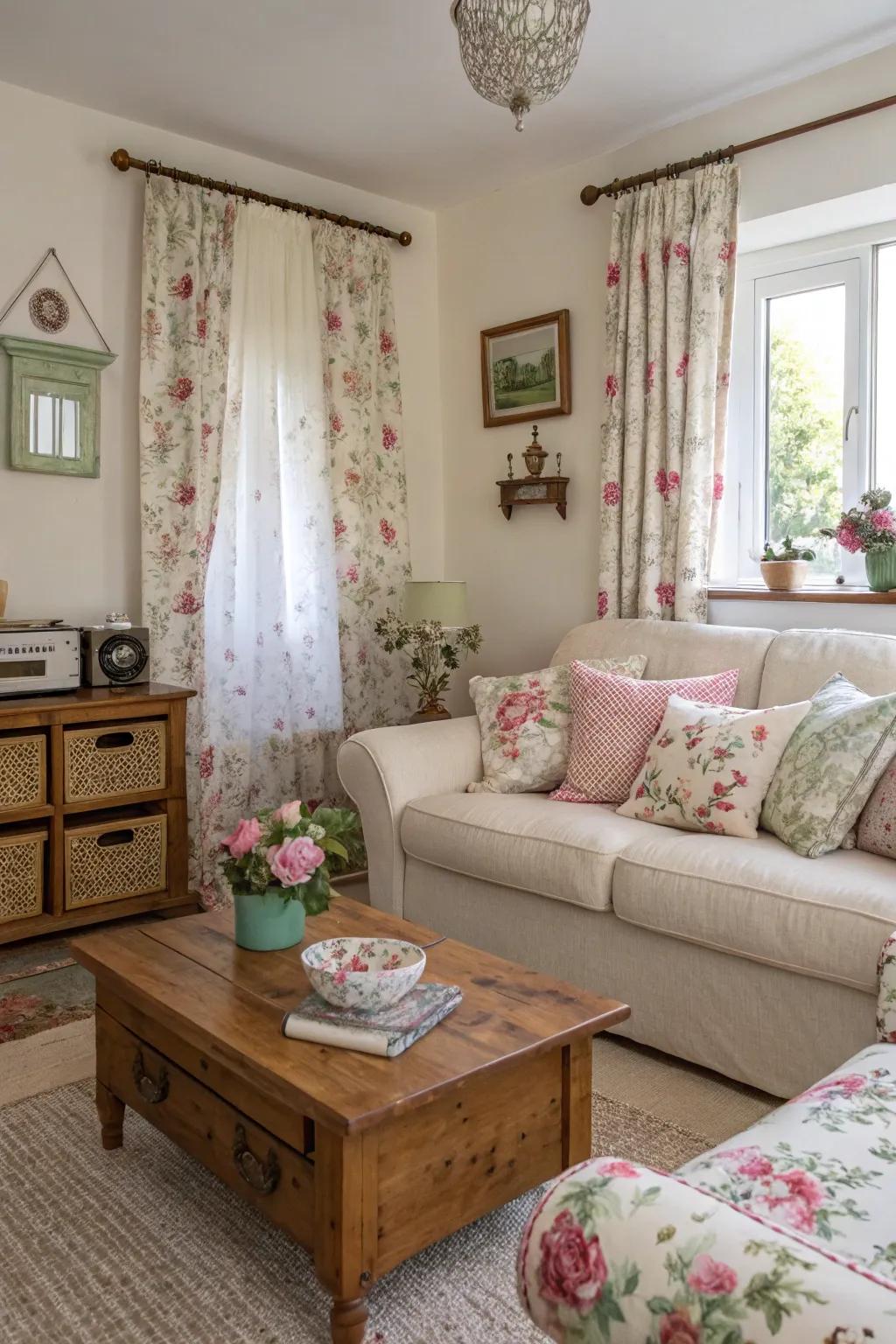 Floral fabrics add a touch of nature to a shabby chic living room.