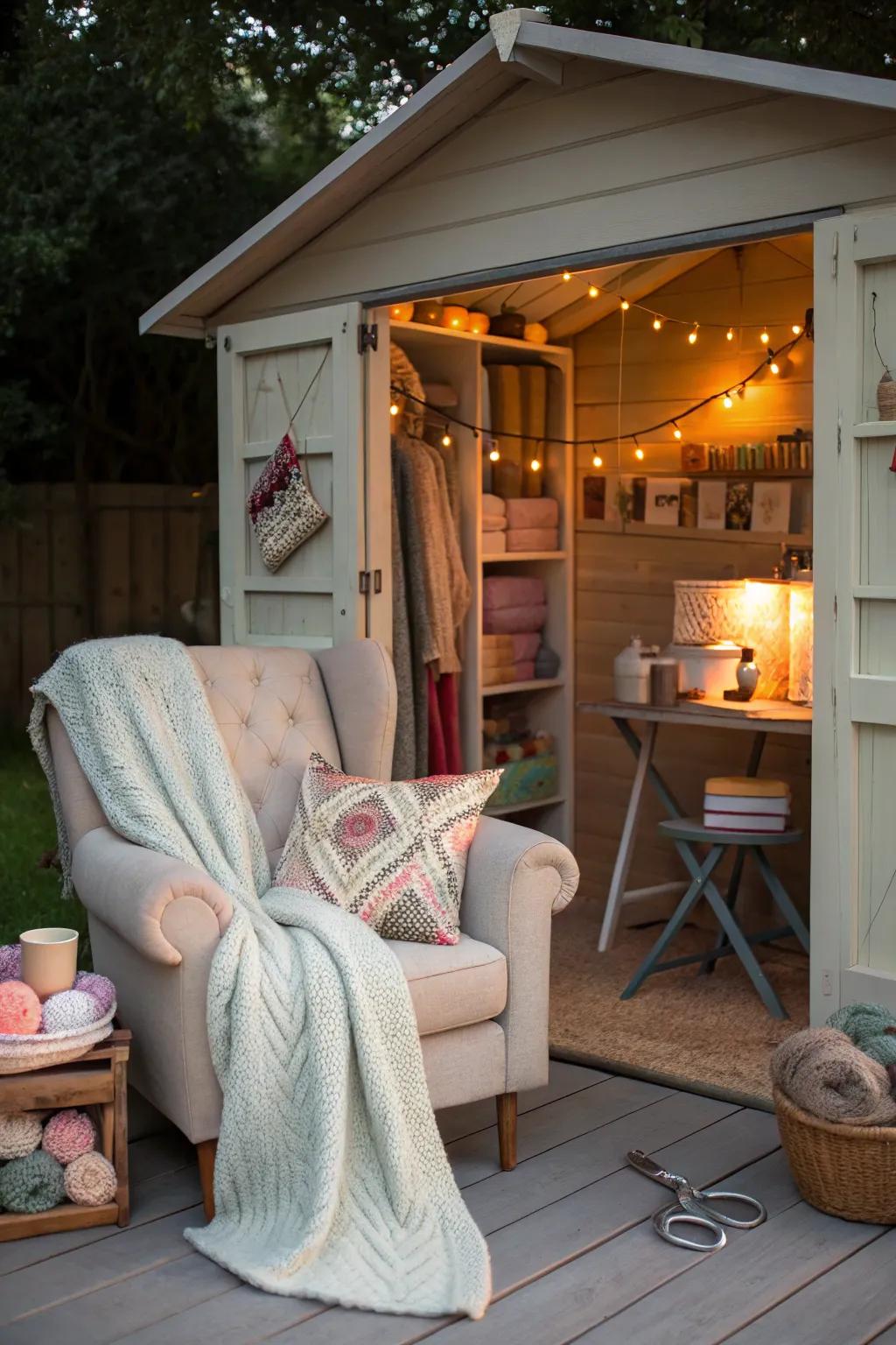 A cozy seating area in a she shed offers a perfect spot for creative thinking.