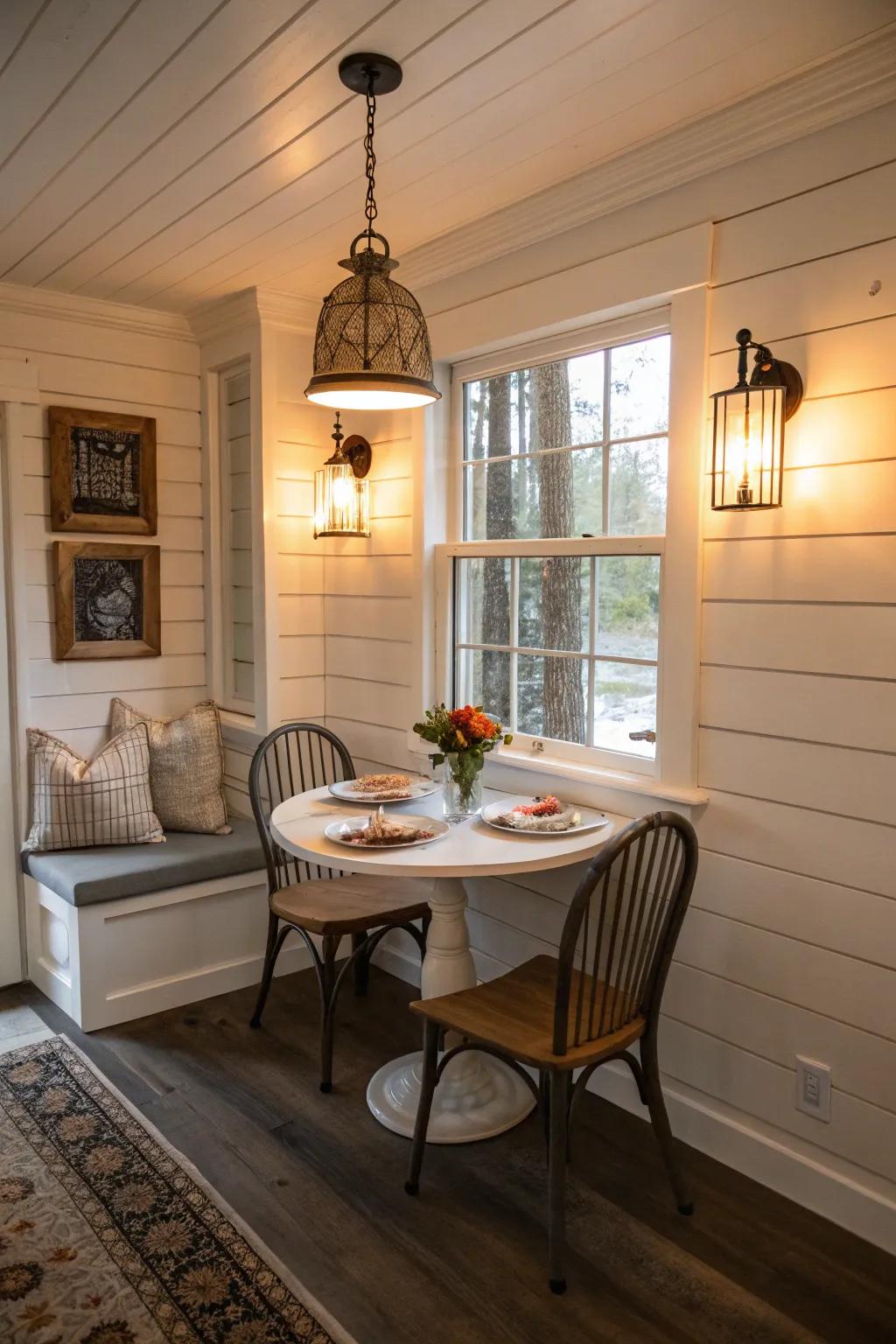 A cozy kitchen nook enhanced with shiplap wainscoting.