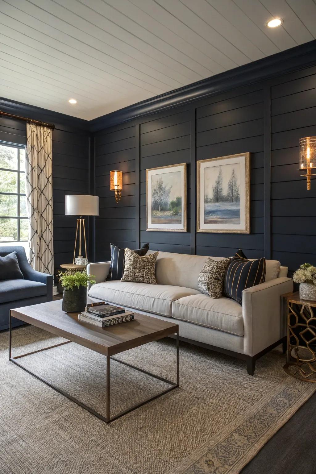 A living room with a dark navy shiplap accent wall.