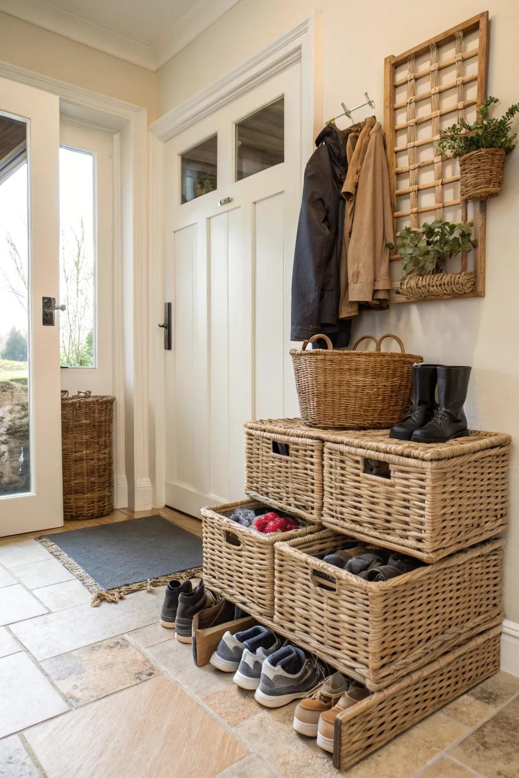 Wicker baskets offer a stylish solution for entryway shoe storage.