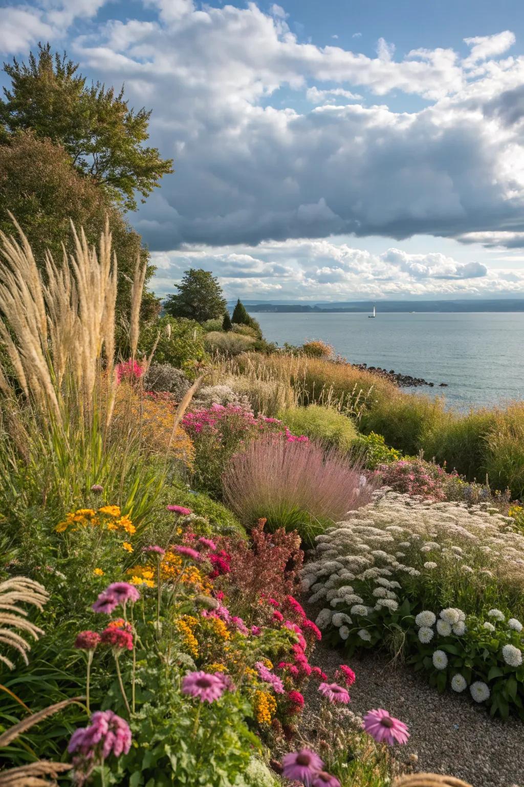 A dynamic mix of perennials and grasses bringing movement and color to the shoreline.